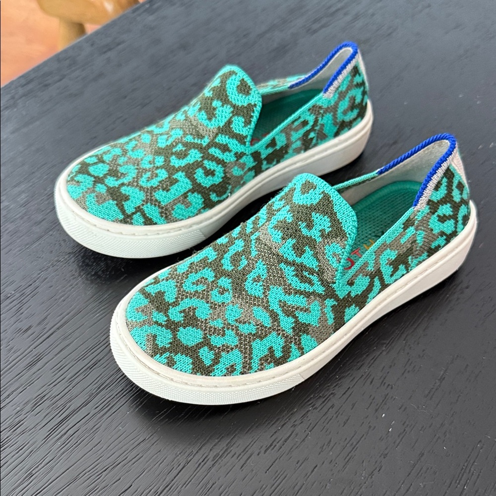 Rothy's Kids teal cheetah print sneakers